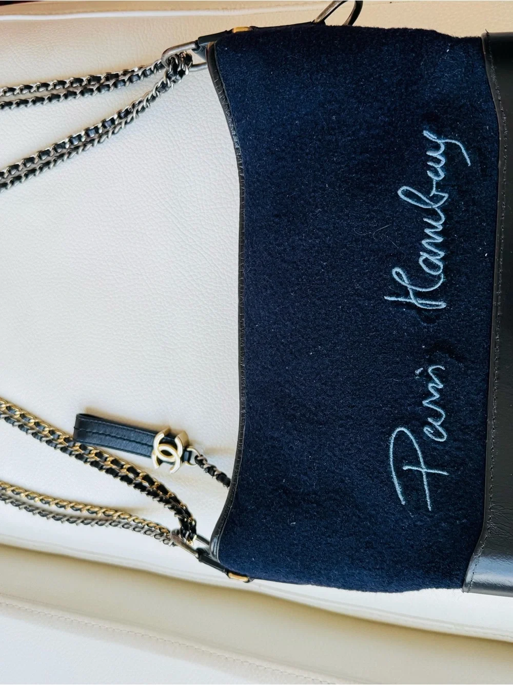 Chanel Gabrielle Medium Navy Paris Hamburg Collection Wool Bag Multi-Metal Chain